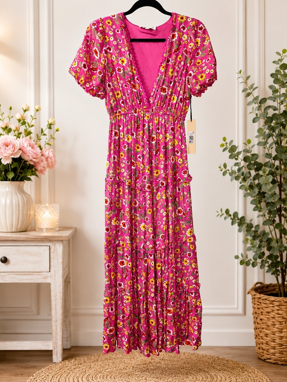 Pink Floral Tiered Maxi Dress Small Boho Puff Sleeve Deep V Neck Fairycore